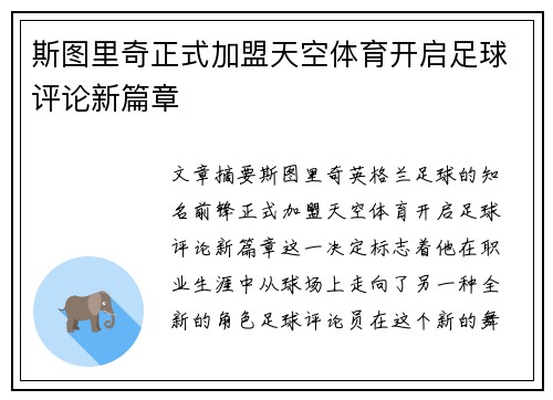 斯图里奇正式加盟天空体育开启足球评论新篇章